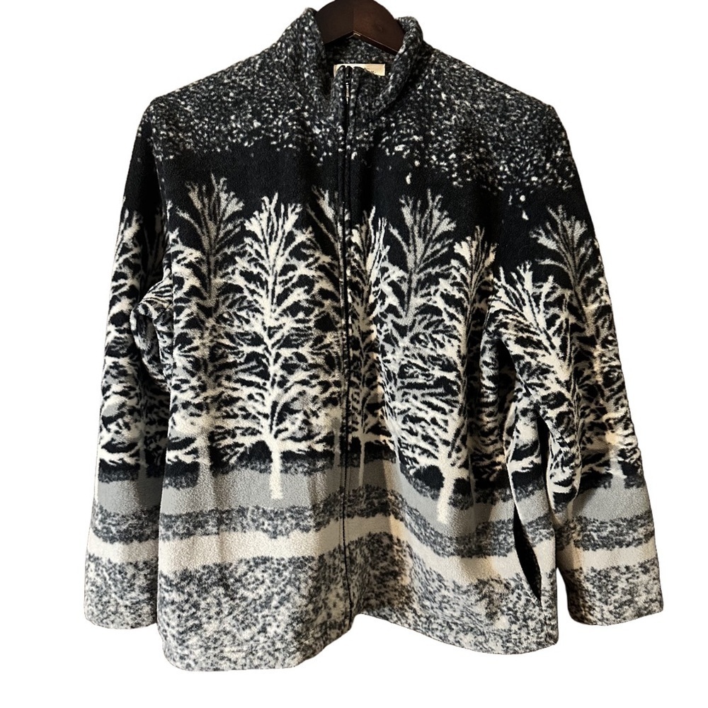Tradition Women's Black White Grey Tree Pattern Fleece Zip-Up Jacket Sz L